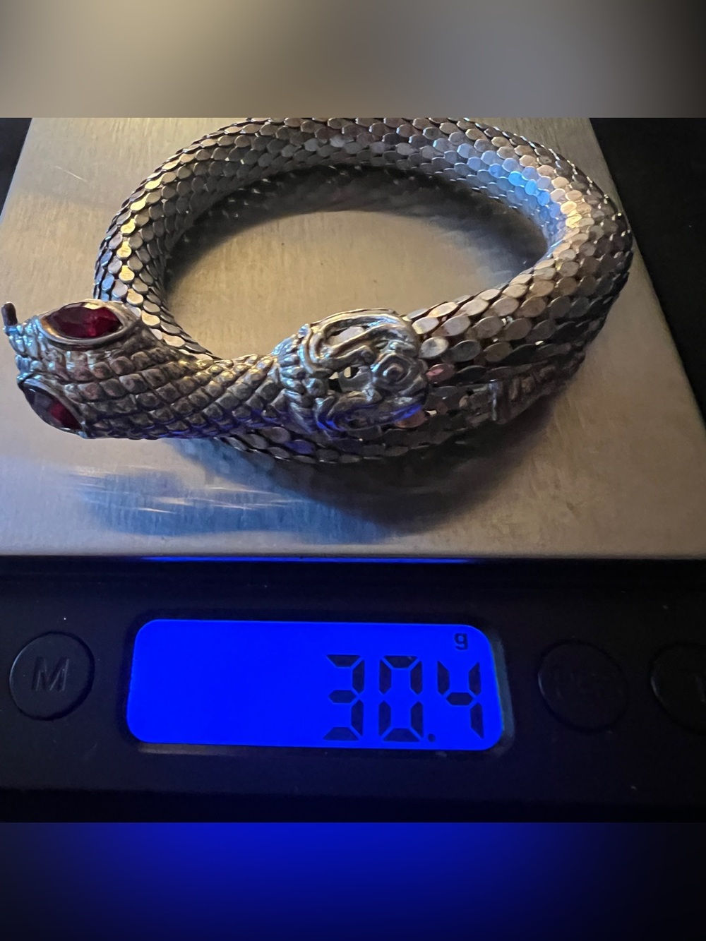 True Vintage Silver Mesh Serpent Snake Bracelet Bangle Wrap Red Crystal Eyes - Picture 6 of 8